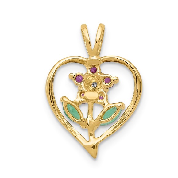 14k Yellow Gold Siam Ruby/Emerald/Diamond Flower in Heart Necklace Charm Pendant - Picture 3 of 4